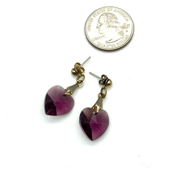 Vintage Purple Crystal Heart Earrings, Lovely Sparkling Faceted Dangle - Picture 5 of 5